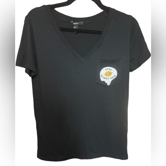 FOREVER 21 Womens Black Solid V-Neck Graphic T-shirt with pocket Small Cotton - Picture 5 of 16